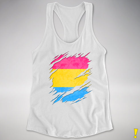 Pansexual Pride Flag Ripped Reveal Racerback Tank - White