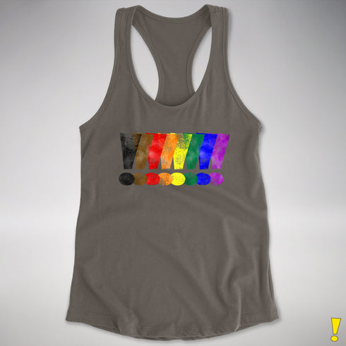 Distressed Philly LGBTQ Pride Whee! Exclamation Points Racerback Tank - Dark Grey