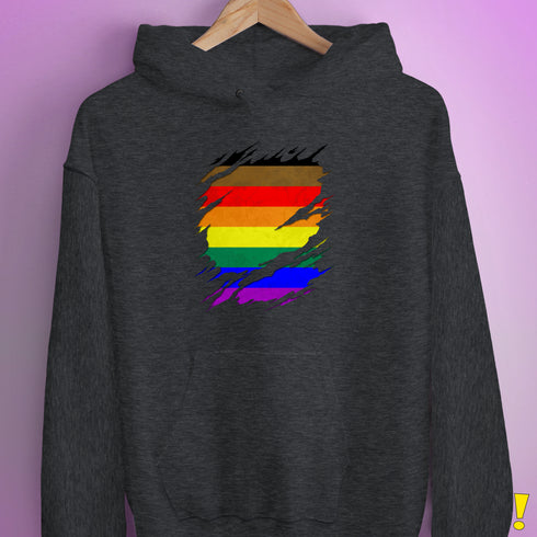 Philly LGBTQ Gay Pride Flag Ripped Reveal Hoodie - Dark Grey Heather