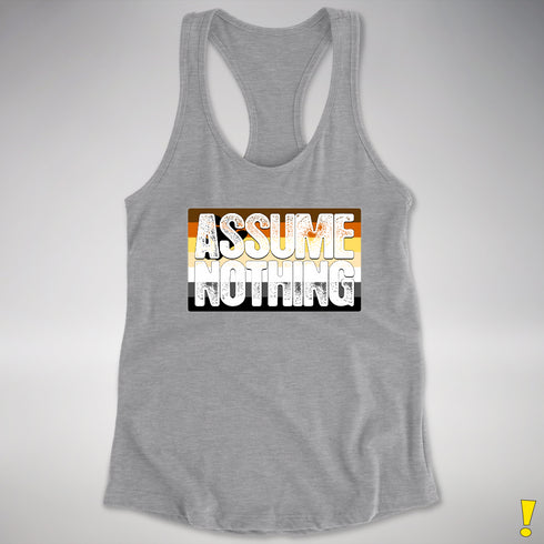 Assume Nothing Bear Pride Flag Racerback Tank - Heather Grey
