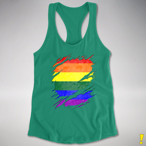 LGBTQ Pride Flag Ripped Reveal Racerback Tank - Kelly Green