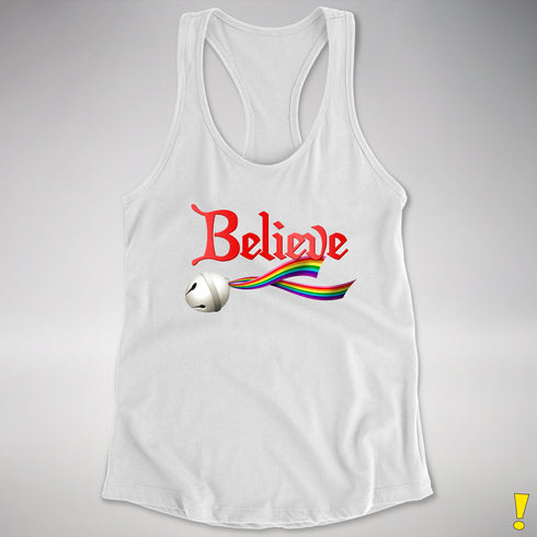 Believe LGBTQ Gilbert Baker Pride Jingle Bell Racerback Tank - White