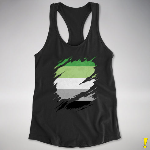 Aromantic Pride Flag Ripped Reveal Racerback Tank - Black