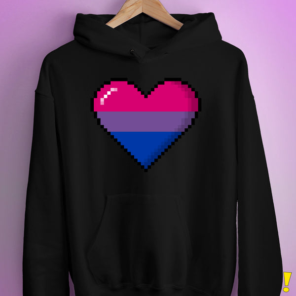 Bisexual Pride 8-Bit Pixel Heart Hoodie - Black