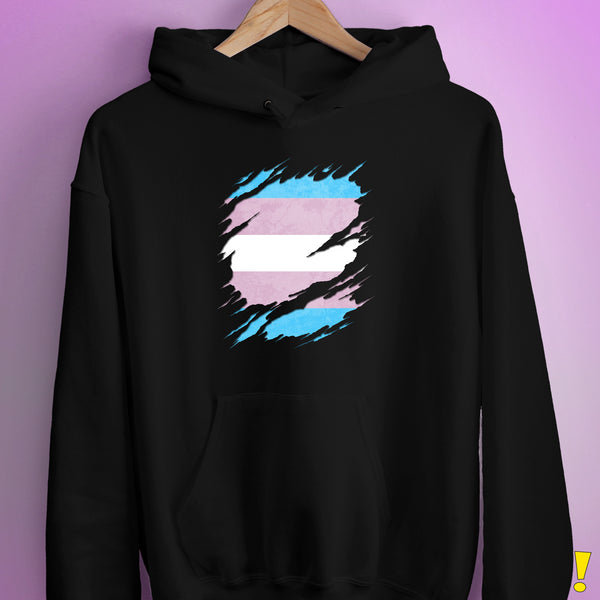 Transgender Pride Flag Ripped Reveal Hoodie - Black