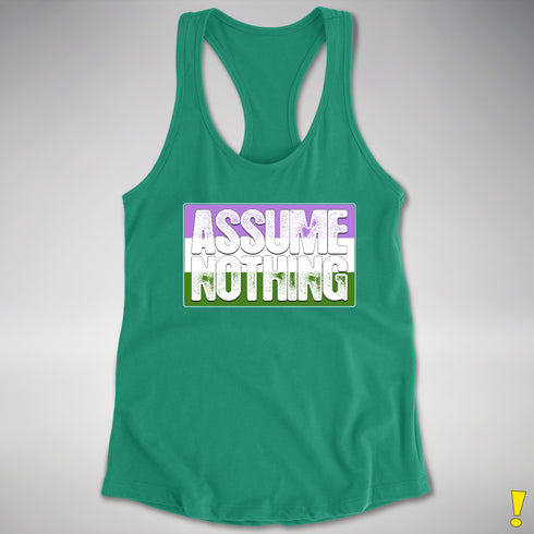 Assume Nothing Genderqueer Pride Flag Racerback Tank - Kelly Green
