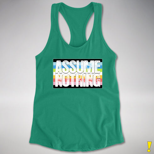 Assume Nothing Queer Pride Flag Racerback Tank - Kelly Green