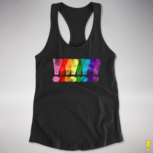 Distressed Gilbert Baker LGBTQ Pride Exclamation Points Racerback Tank - Black