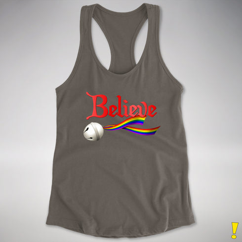 Believe LGBTQ Rainbow Pride Jingle Bell Racerback Tank - Dark Grey