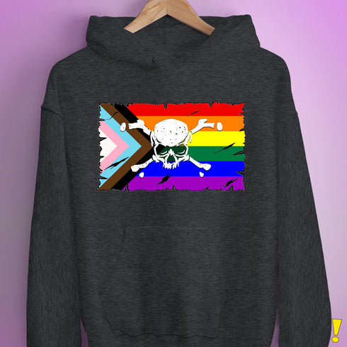 LGBTQ Progress Pride Pirate Flag Hoodie - Dark Grey Heather