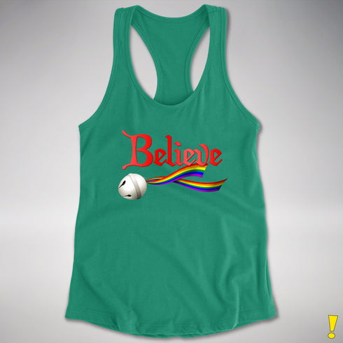 Believe LGBTQ Rainbow Pride Jingle Bell Racerback Tank - Kelly Green