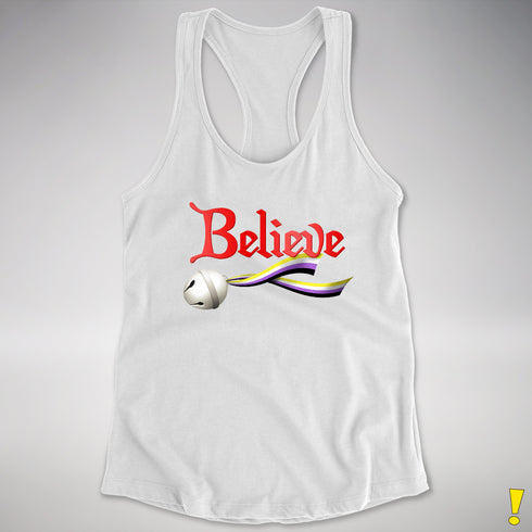 Believe Nonbinary Pride Jingle Bell Racerback Tank - White