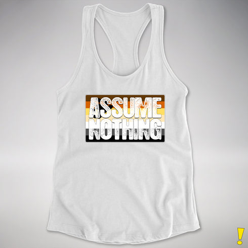 Assume Nothing Bear Pride Flag Racerback Tank - White
