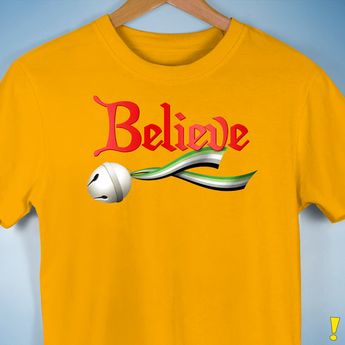 Believe Aromantic Pride Jingle Bell Premium Unisex T-Shirt - Gold