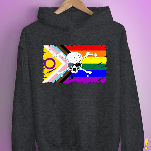 Intersex Inclusive Progress Pride Pirate Flag Hoodie - Dark Grey Heather