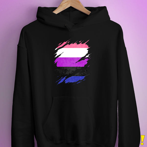 Genderfluid Pride Flag Ripped Reveal Hoodie - Black