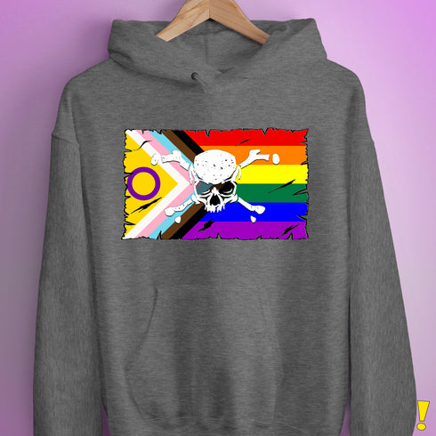 Intersex Inclusive Progress Pride Pirate Flag Hoodie - Grey Heather