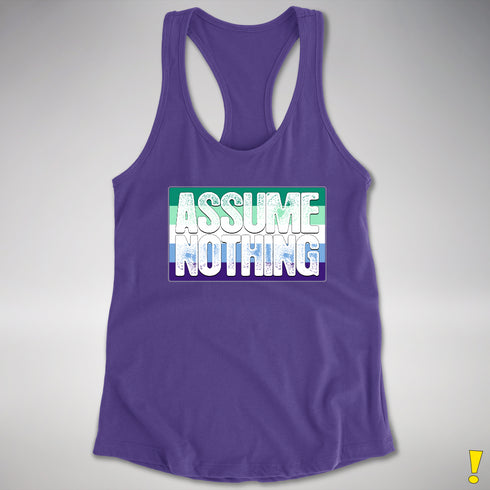Assume Nothing Gay Male Pride Flag Racerback Tank - Purple