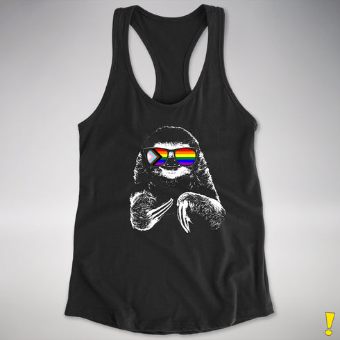 Pride Sloth LGBTQ Progress Pride Flag Sunglasses Women's Racerback - Black