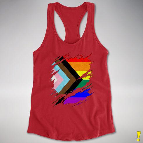 LGBTQ Progress Pride Flag Ripped Reveal Racerback Tank - Red