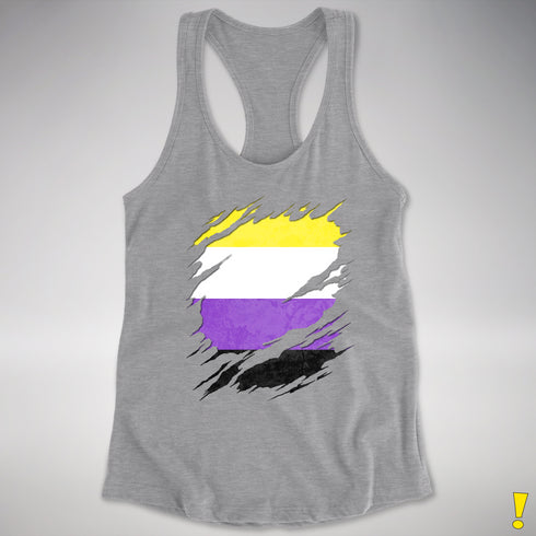 Nonbinary Pride Flag Ripped Reveal Racerback Tank - Heather Grey