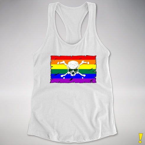 LGBTQ Rainbow Pride Pirate Flag Racerback Tank - White