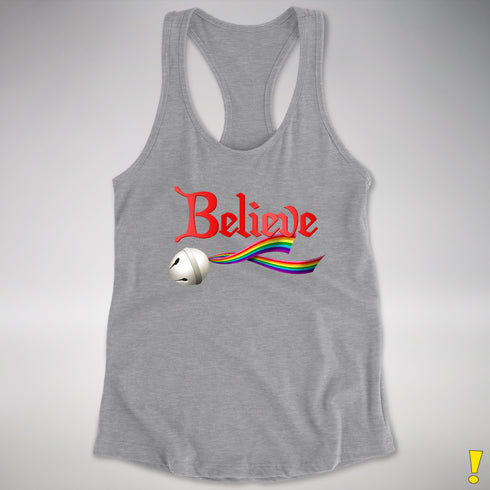 Believe LGBTQ Gilbert Baker Pride Jingle Bell Racerback Tank - Heather Grey