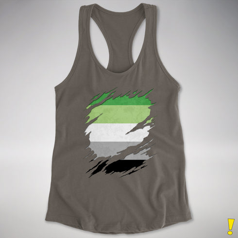 Aromantic Pride Flag Ripped Reveal Racerback Tank - Dark Grey