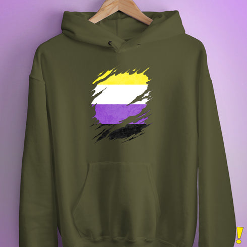 Nonbinary Pride Flag Ripped Reveal Hoodie - Army
