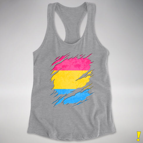 Pansexual Pride Flag Ripped Reveal Racerback Tank - Heather Grey