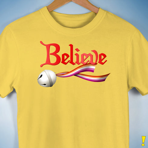 Believe Lesbian Pride Jingle Bell Premium Unisex T-Shirt - Yellow