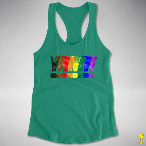 Distressed Philly LGBTQ Pride Whee! Exclamation Points Racerback Tank - Kelly Green