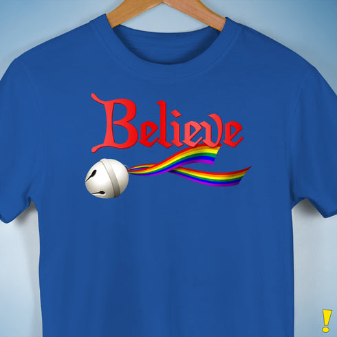 Believe LGBTQ Rainbow Pride Jingle Bell Premium Unisex T-Shirt - Royal Blue