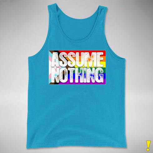 Assume Nothing LGBTQ Progress Pride Flag Premium Tank Top - Neon Blue
