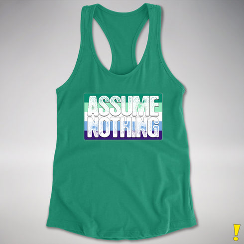 Assume Nothing Gay Male Pride Flag Racerback Tank - Kelly Green