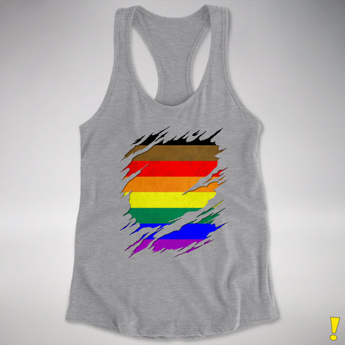 Philly LGBTQ Gay Pride Flag Ripped Reveal Racerback Tank - Heather Grey