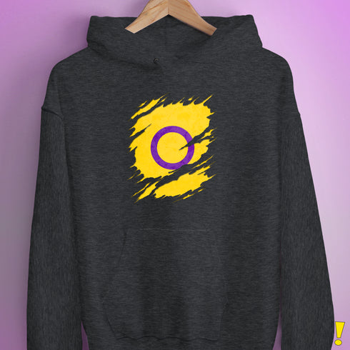 Intersex Pride Flag Ripped Reveal Hoodie - Dark Grey Heather