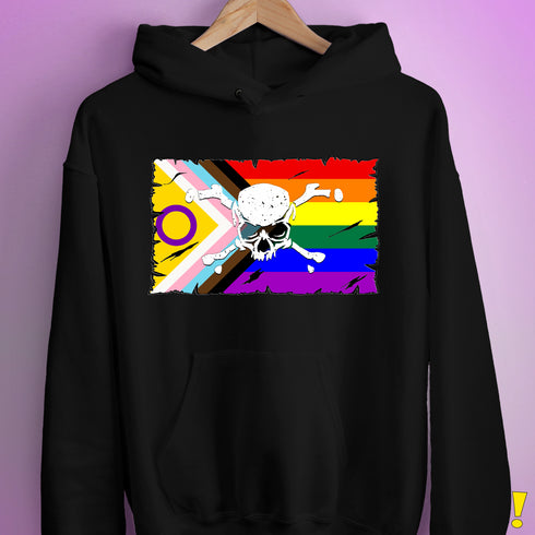Intersex Inclusive Progress Pride Pirate Flag Hoodie - Black