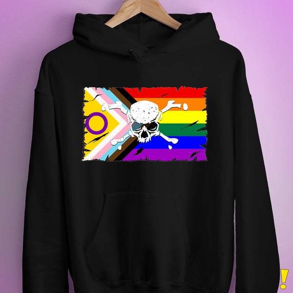 Intersex Inclusive Progress Pride Pirate Flag Hoodie - Black