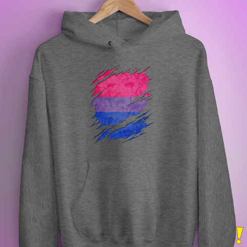 Bisexual Pride Flag Ripped Reveal Hoodie - Grey Heather