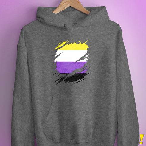 Nonbinary Pride Flag Ripped Reveal Hoodie - Grey Heather