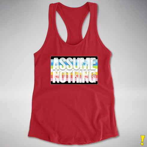 Assume Nothing Queer Pride Flag Racerback Tank - Red