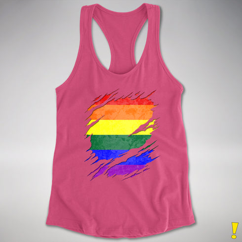 LGBTQ Pride Flag Ripped Reveal Racerback Tank - Hot Pink