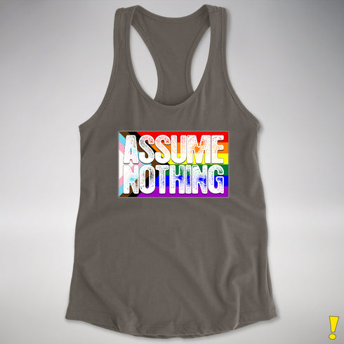 Assume Nothing LGBTQ Progress Pride Flag Racerback Tank - Dark Grey