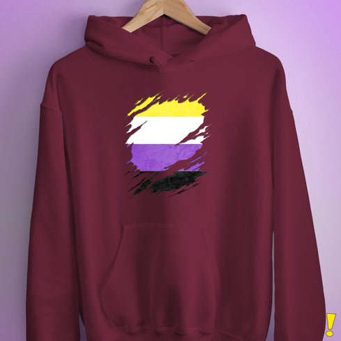 Nonbinary Pride Flag Ripped Reveal Hoodie - Maroon