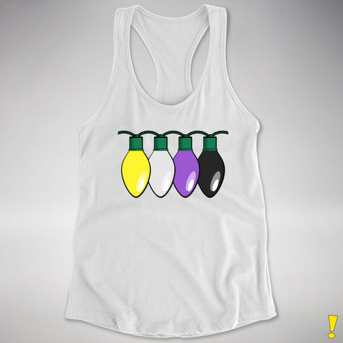 Nonbinary Pride Christmas Lights Racerback Tank - White