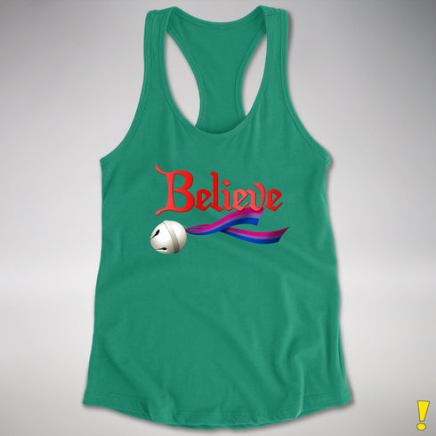 Believe Bisexual Pride Jingle Bell Racerback Tank - Kelly Green