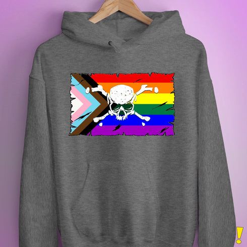 LGBTQ Progress Pride Pirate Flag Hoodie - Grey Heather