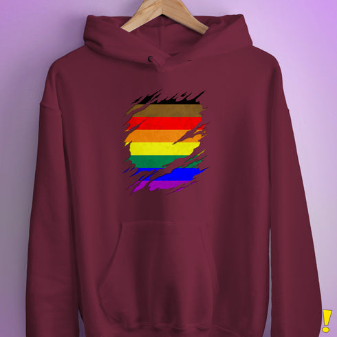 Philly LGBTQ Gay Pride Flag Ripped Reveal Hoodie - Maroon