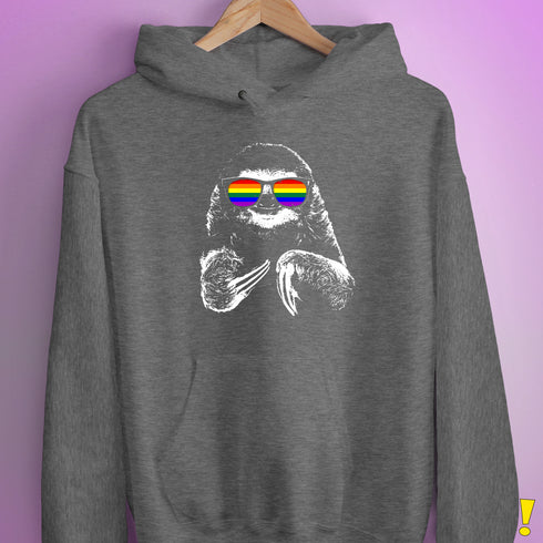 Pride Sloth LGBTQ Flag Sunglasses Hoodie - Grey Heather